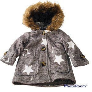 Steve Madden Toddler 24M Gray Knit Star Print Winter Coat w/Faux Fur TrimmedHood